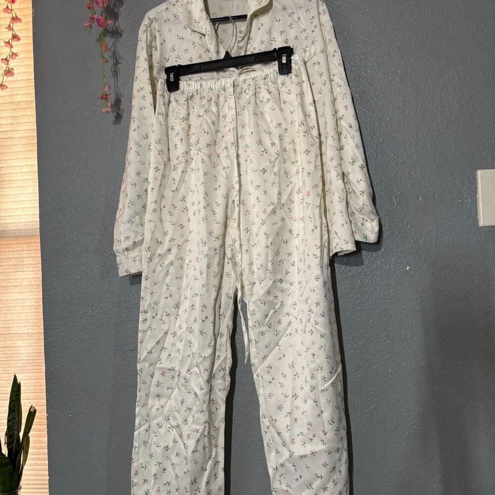 Kim Rogers Intimates Floral Satin Pajama Set M Cream Pink Rose Button Up Vintage - Picture 5 of 6